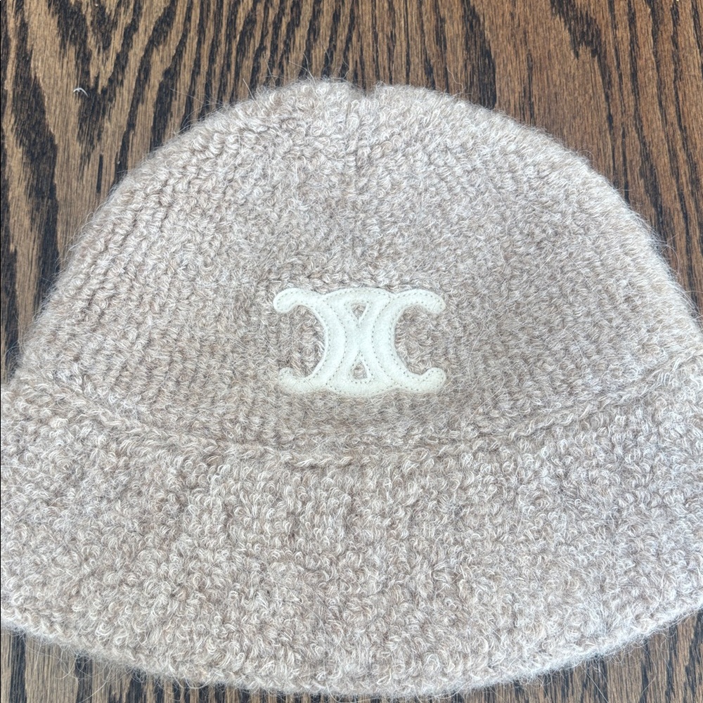 Celine Beige Wool Bucket Hat with White Logo - Picture 2 of 6